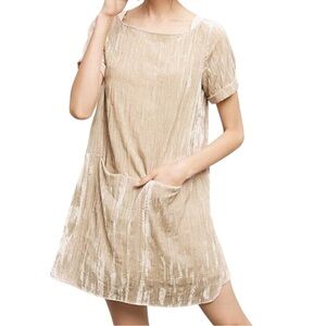 Anthropologie Floreat Crinkled Velvet Shift Mini Dress in Beige/Champagne